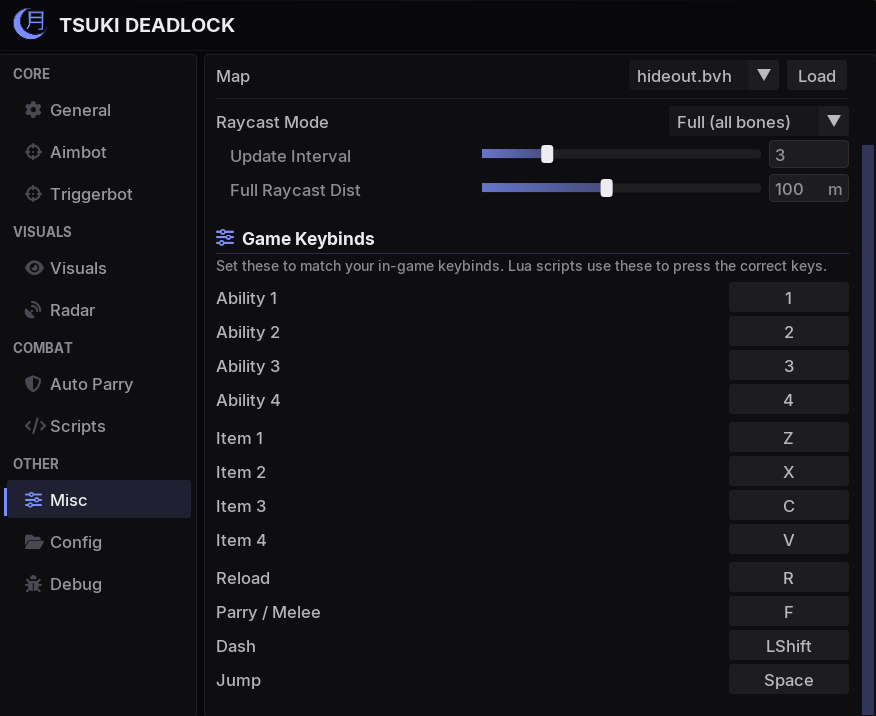 Game Keybinds section in the Misc tab
