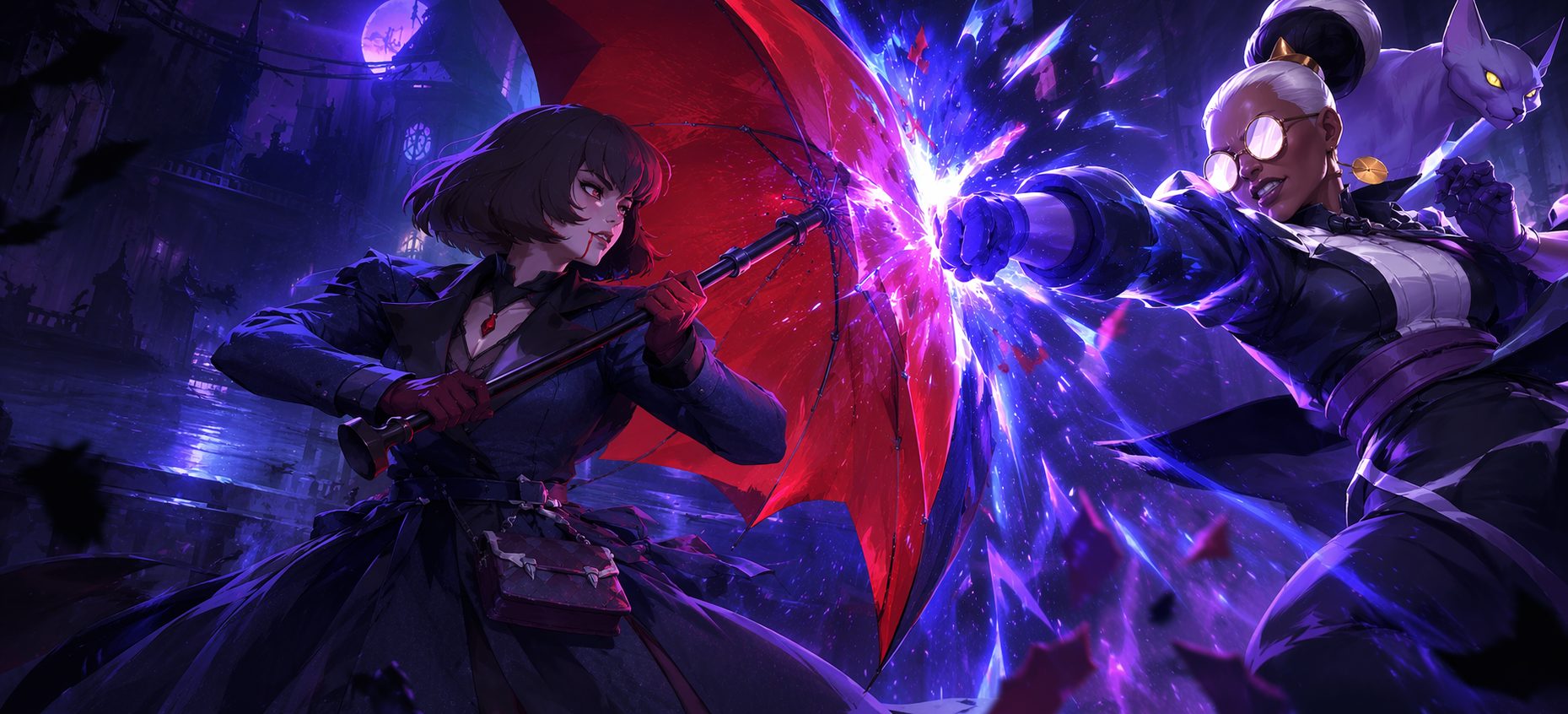 Deadlock auto parry cover art: an umbrella block meeting a punch in a burst of violet light