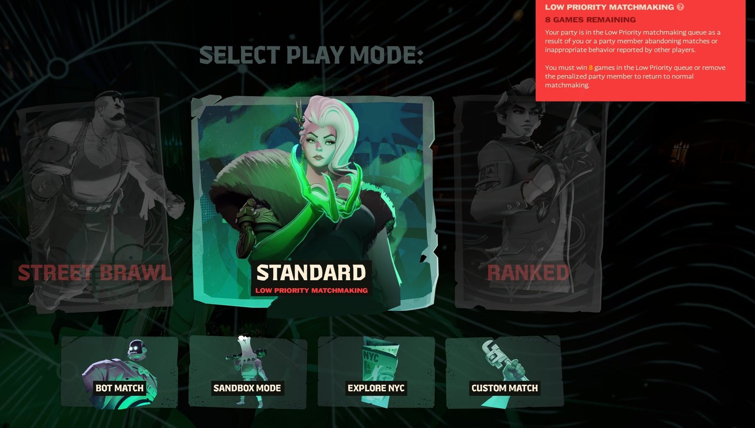 Deadlock's play mode screen showing the Low Priority Matchmaking notice: 8 games remaining.